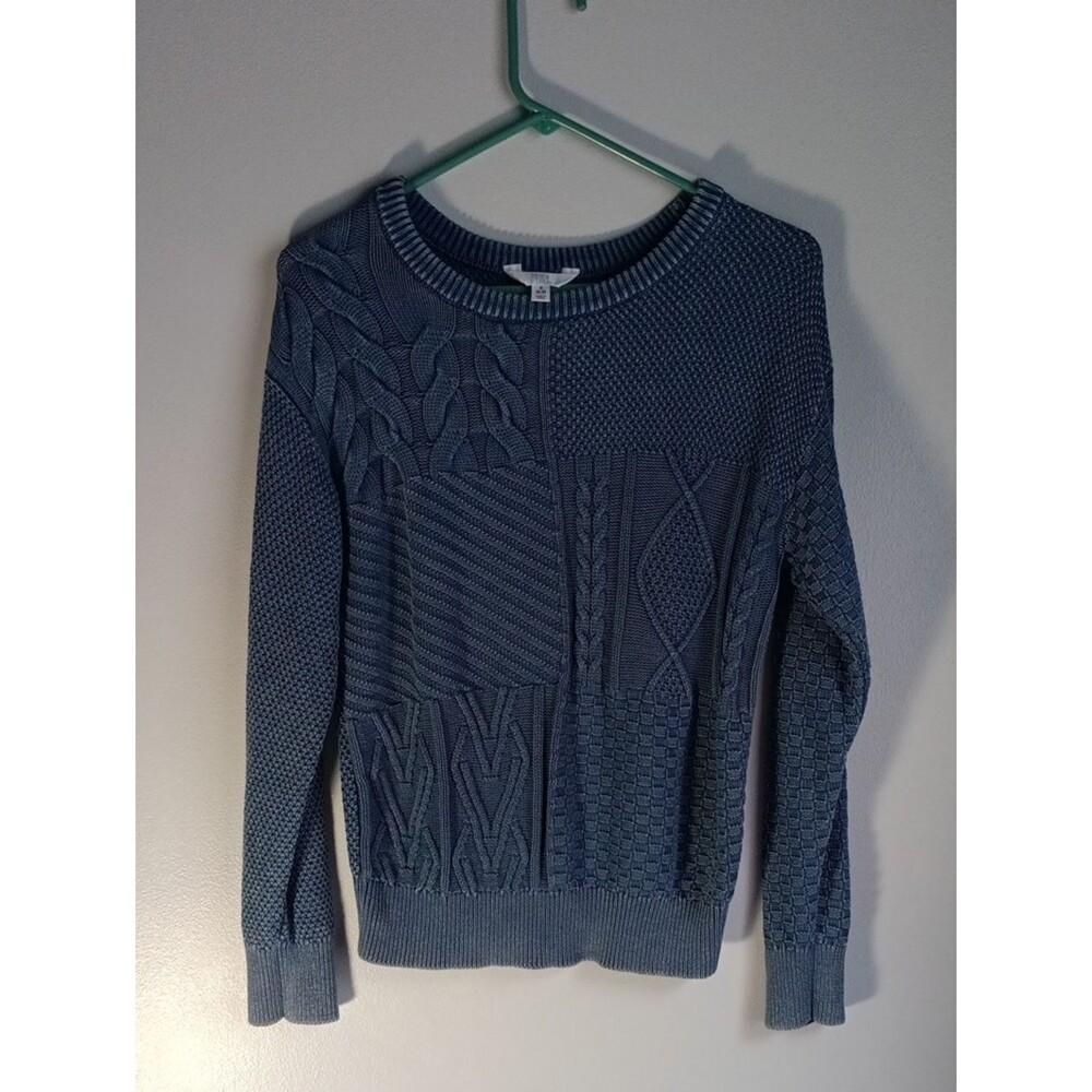 Cotton Cables  Textured Knit Crewneck Sweater - Blue